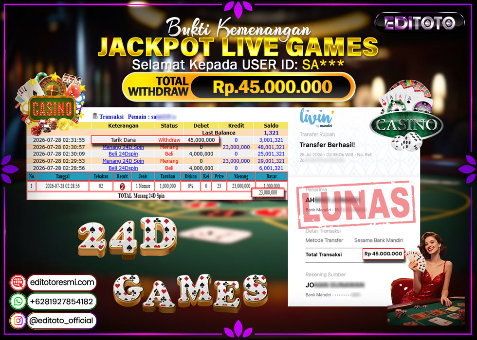 JACKPOT EDITOTO LIVE GAMES 24D GAMES Rp. 45.000.000.,- LUNAS