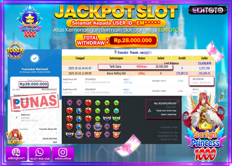 JACKPOT EDITOTO SLOT STARLIGHT PRINCESS 1000 Rp.28.000.000,- LUNAS
