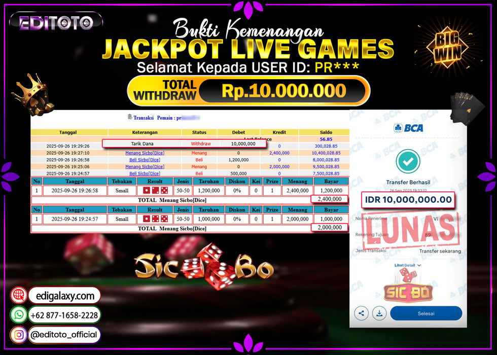 JACKPOT EDITOTO LIVE GAMES SICBO DICE Rp. 10.000.000.,- LUNAS