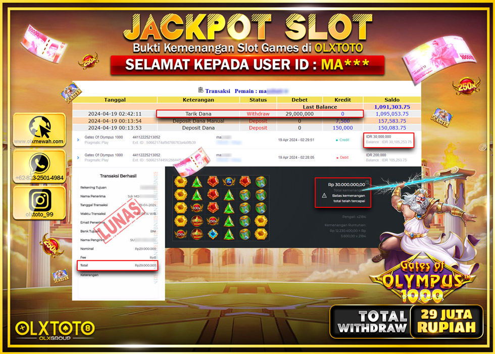 OLXTOTO JACKPOT SLOT GATES OF OLYMPUS 1000 Rp.29.000.000.,- LUNAS