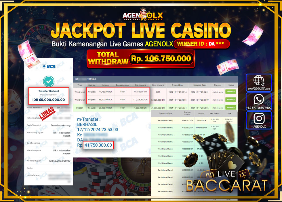 AGENOLX JACKPOT LIVE GAMES BACCARAT Rp 106.750.000,- LUNAS