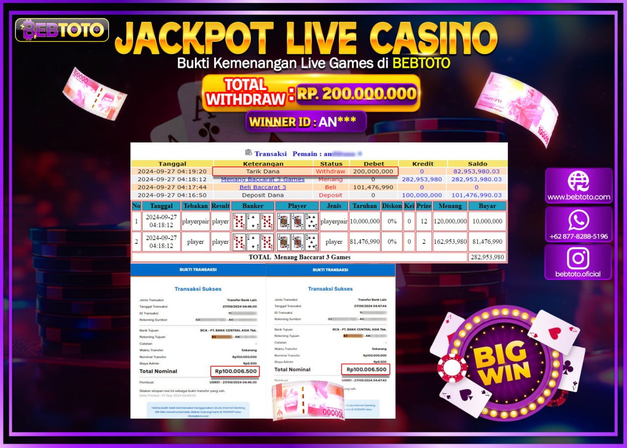 JACKPOT LIVE CASINO BEBTOTO BACCARAT Rp.200.000.000.,- LUNAS