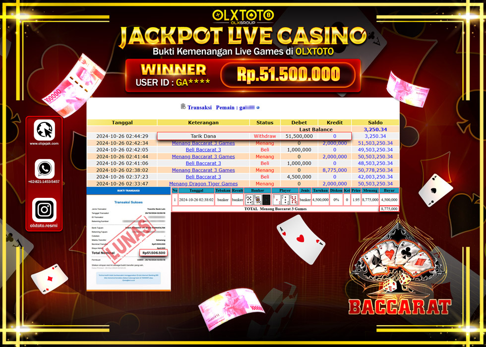 OLXTOTO JACKPOT  LIVE GAMES BACCARAT 3   Rp.51.500.000.,- LUNAS
