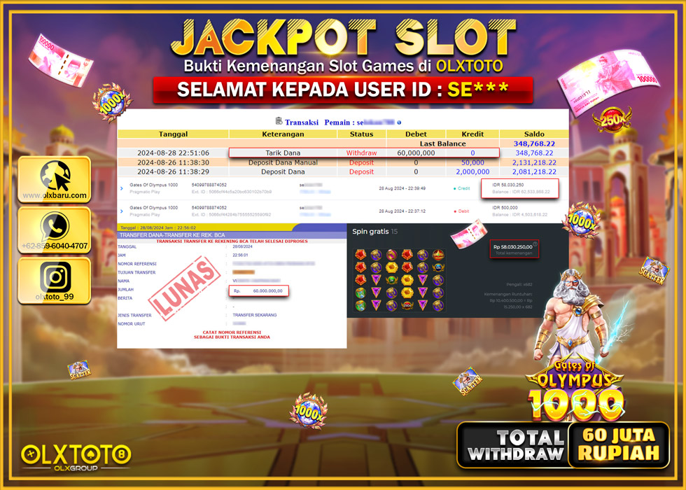 OLXTOTO JACKPOT  SLOT GATES OF OLYMPUS 1000 Rp.60.000.000.,- LUNAS