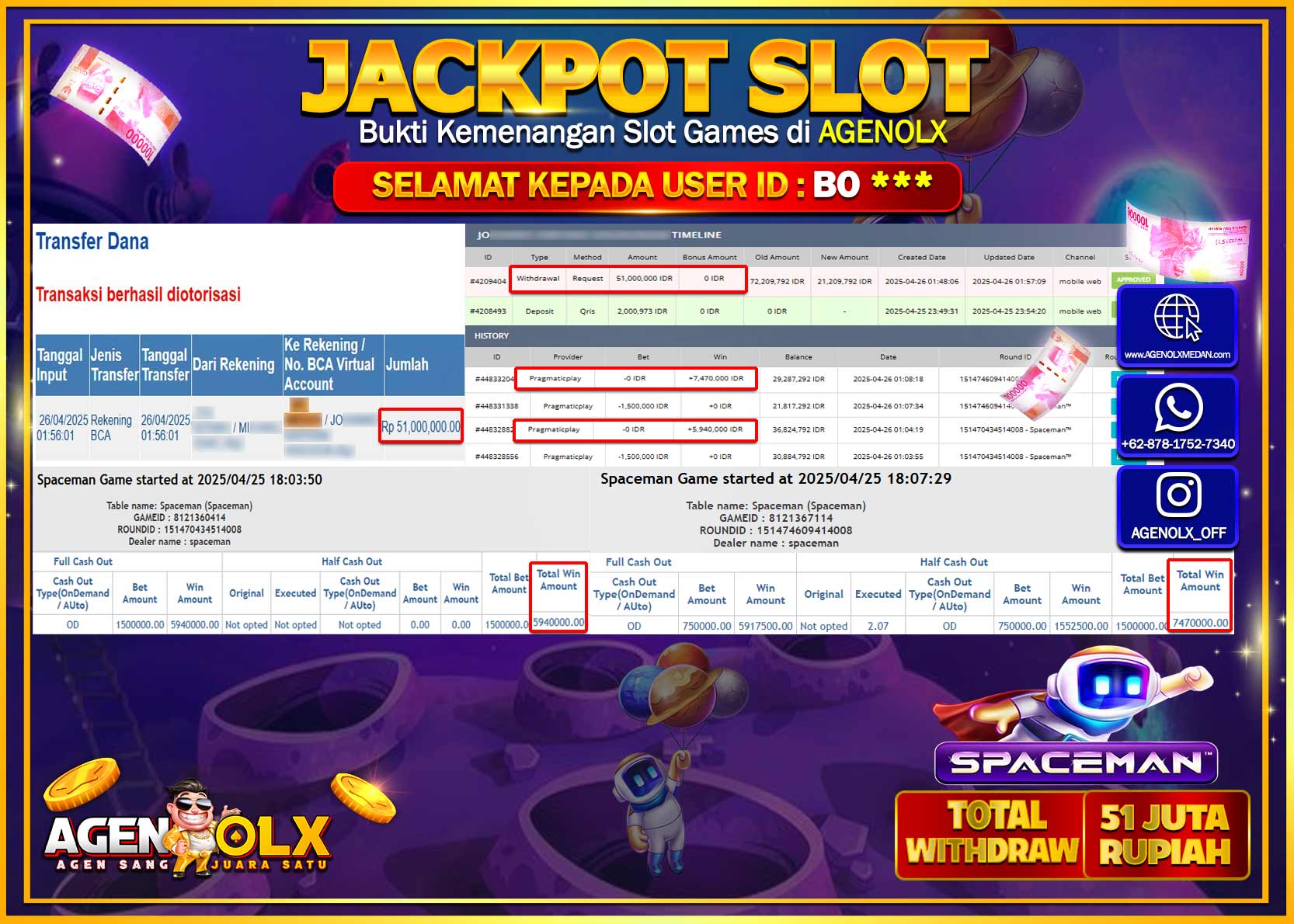 AGENOLX JACKPOT SLOT SPACEMAN Rp 51.000.000,- LUNAS
