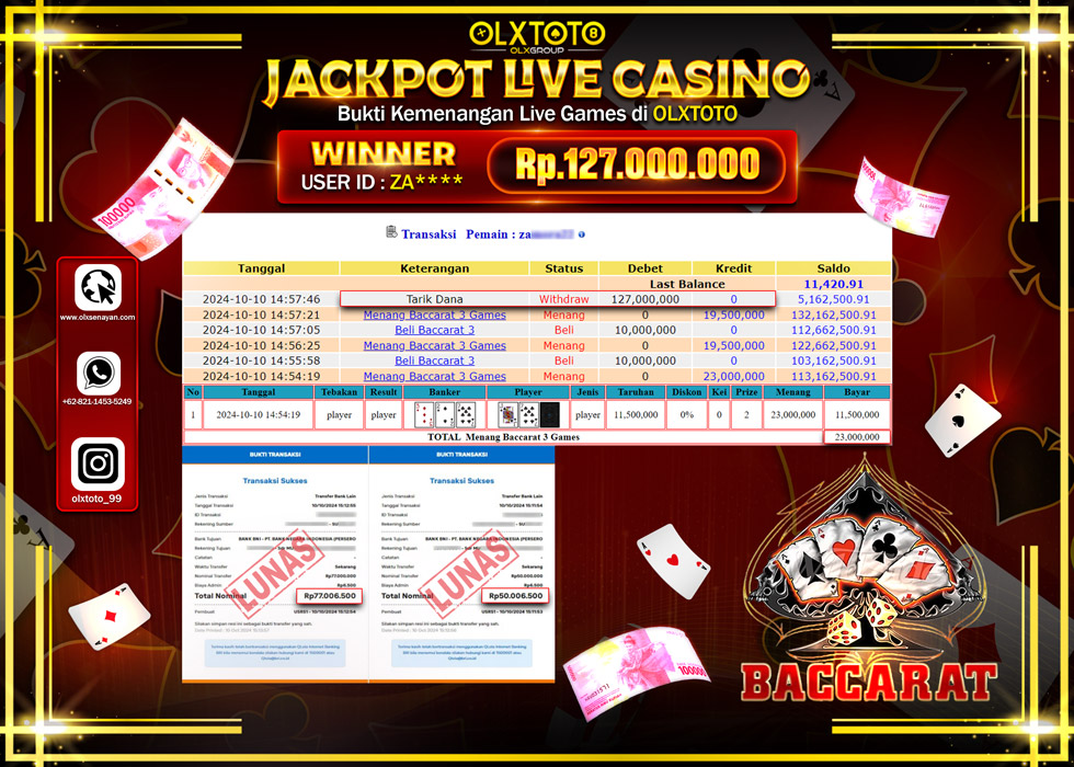 OLXTOTO JACKPOT  LIVE GAMES BACCARAT 3 Rp.127.000.000.,- LUNAS