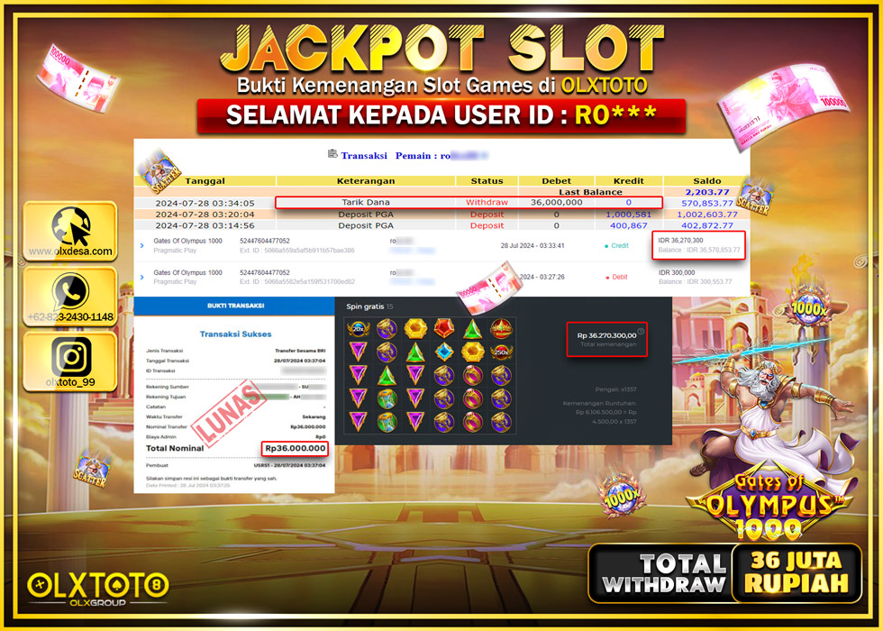 OLXTOTO JACKPOT  SLOT GATES OF OLYMPUS 1000 Rp.36.000.000.,- LUNAS