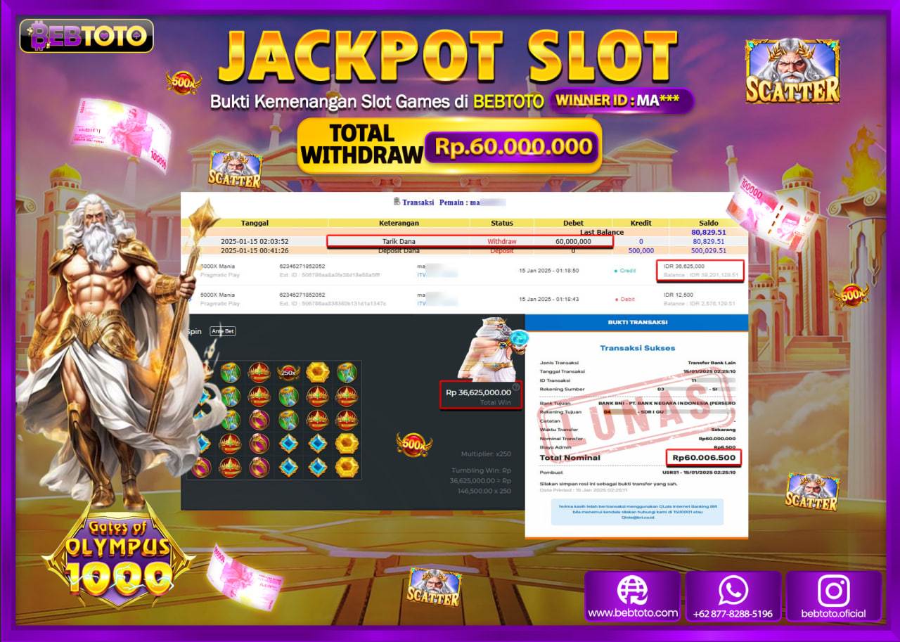 JACKPOT SLOT BEBTOTO GATES OF OLYMPUS 1000 Rp.60.000.000.,- LUNAS