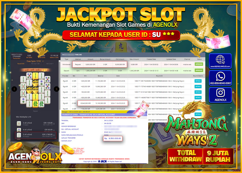 AGENOLX JACKPOT  SLOT MAHJONG WAYS 2  Rp 9.000.000,- LUNAS