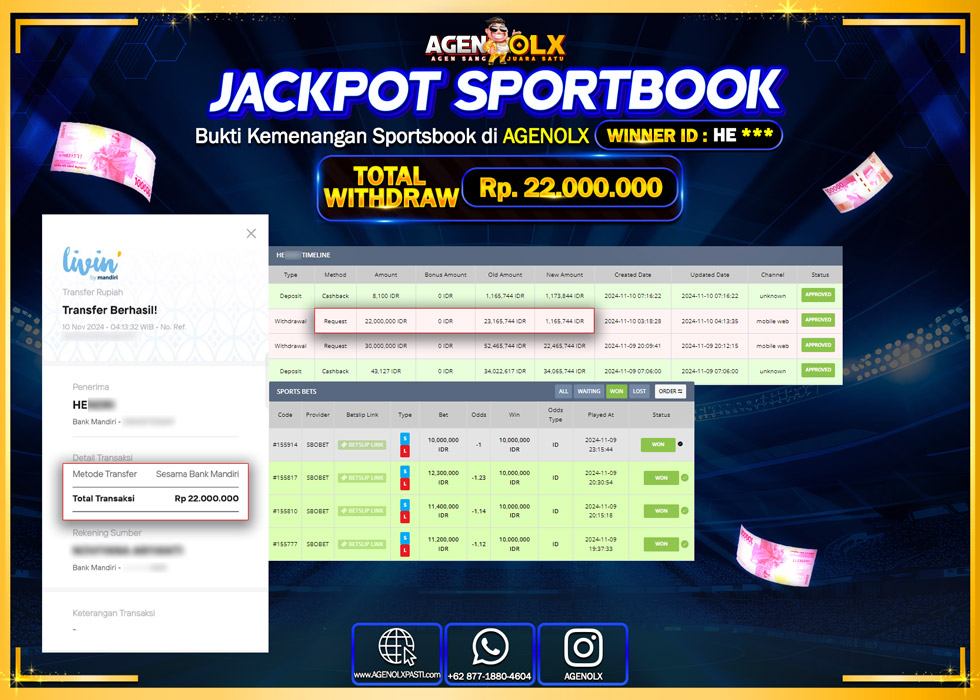 AGENOLX JACKPOT  SPOORTBOOK   Rp 22.000.000,- LUNAS