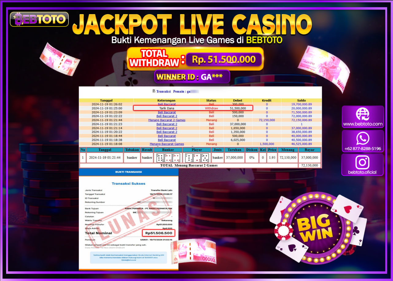 JACKPOT LIVE CASINO BEBTOTO BACCARAT Rp.51.500.000.,- LUNAS