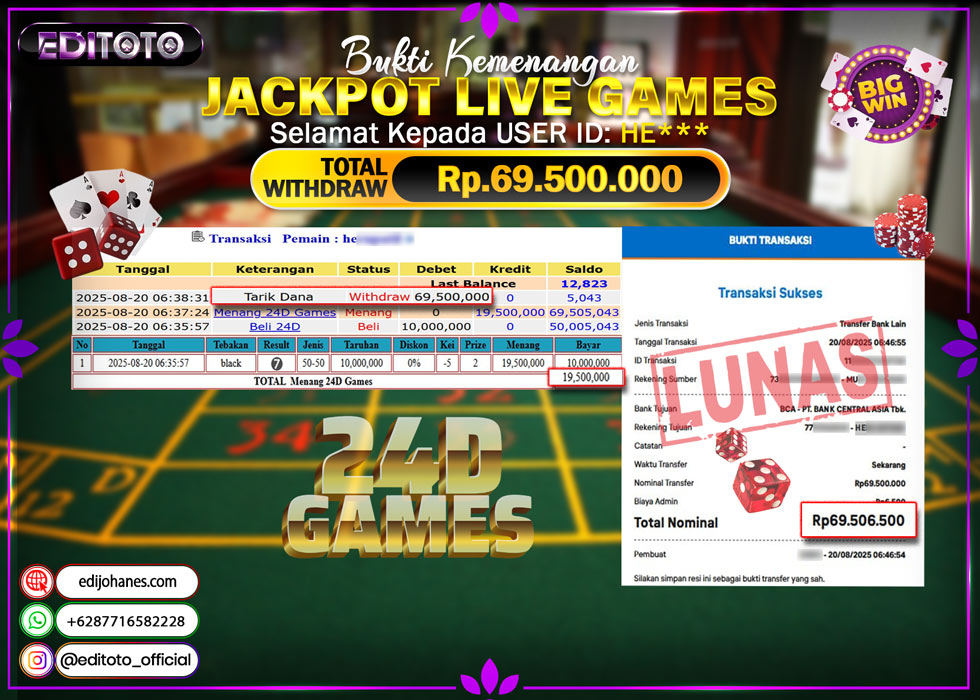 JACKPOT EDITOTO LIVE GAMES 24D GAMES Rp. 69.500.000.,- LUNAS