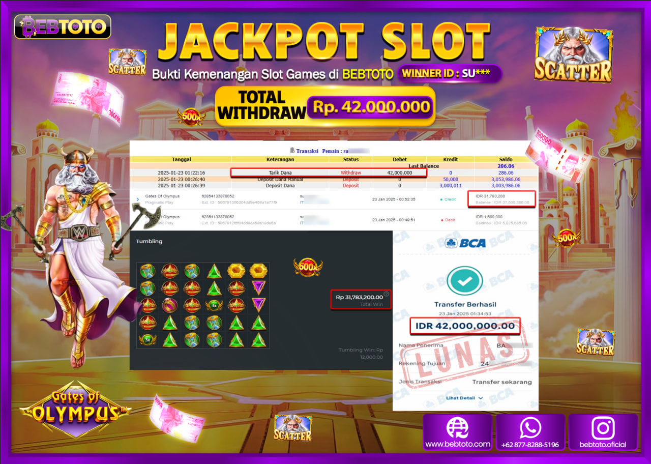JACKPOT SLOT BEBTOTO GATES OF OLYMPUS Rp.42.000.000.,- LUNAS