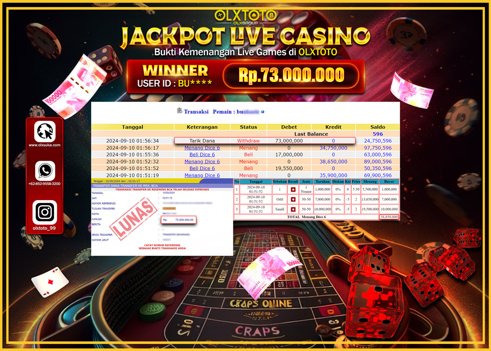 OLXTOTO JACKPOT  LIVE GAMES DICE 6 Rp.73.000.000.,- LUNAS
