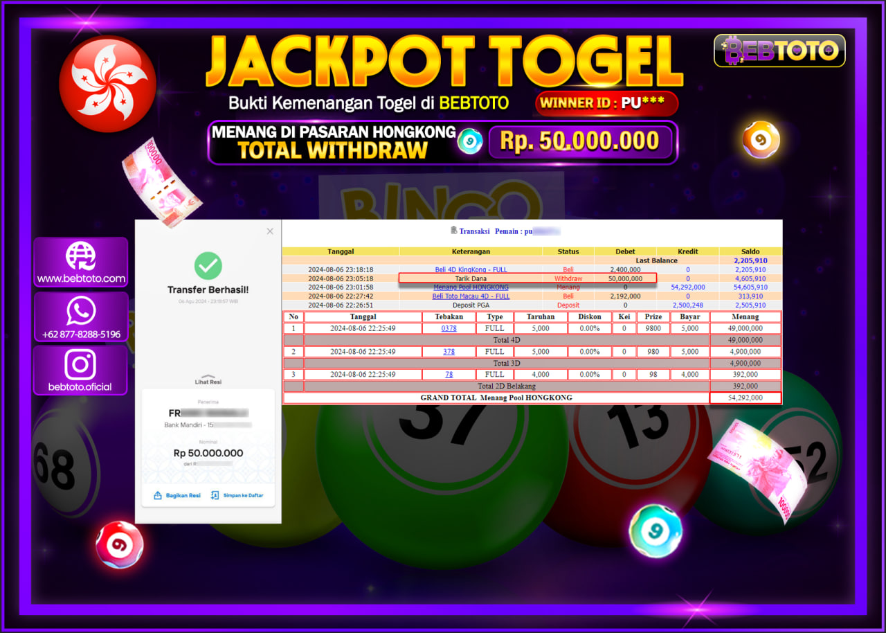 JACKPOT TOGEL BEBTOTO HONGKONG POOLS Rp.50.000.000.,- LUNAS