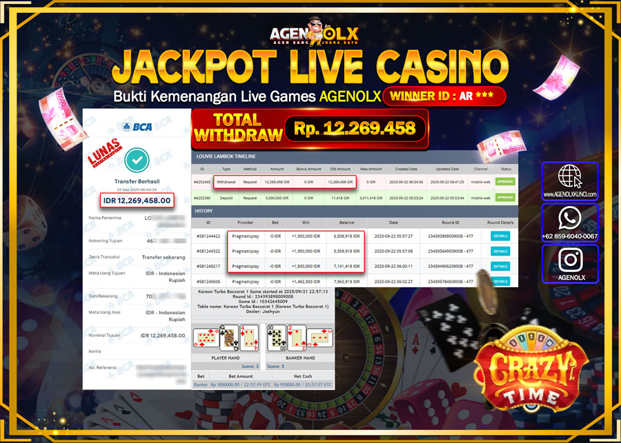 AGENOLX JACKPOT  LIVE CASINO KOREAN TURBO BACCARAT 1  Rp 12,269,458,- LUNAS