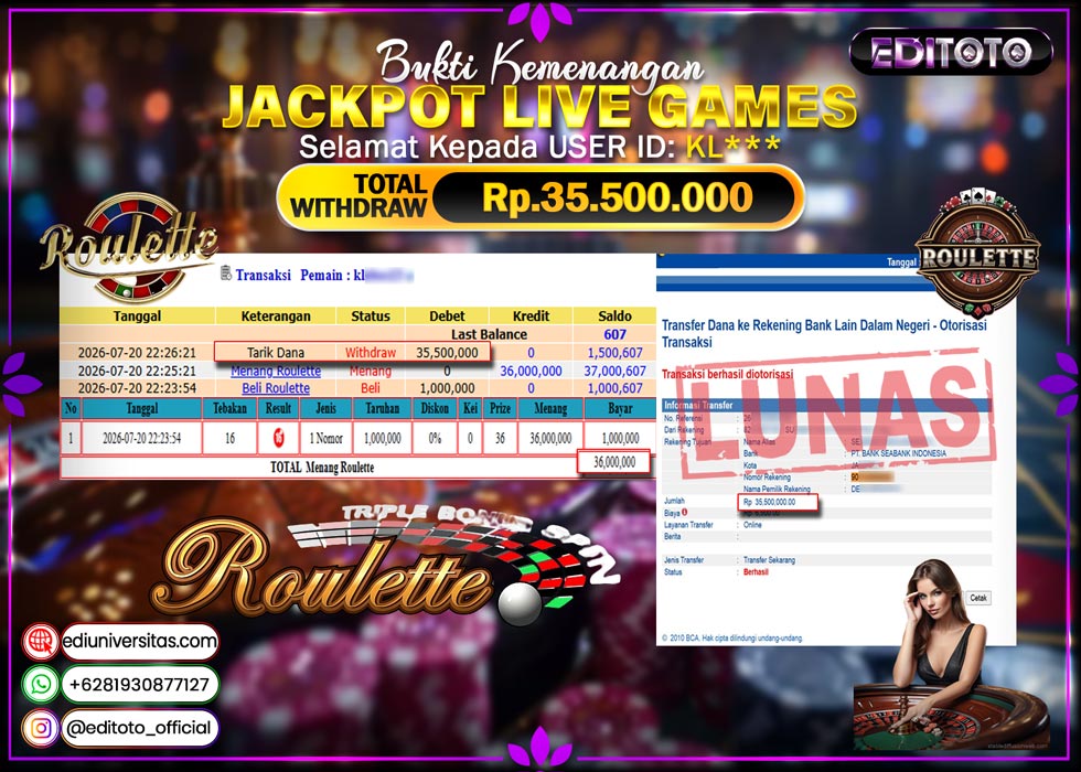 JACKPOT EDITOTO LIVE GAMES ROULETTE GAMES Rp. 35.500.000.,- LUNAS