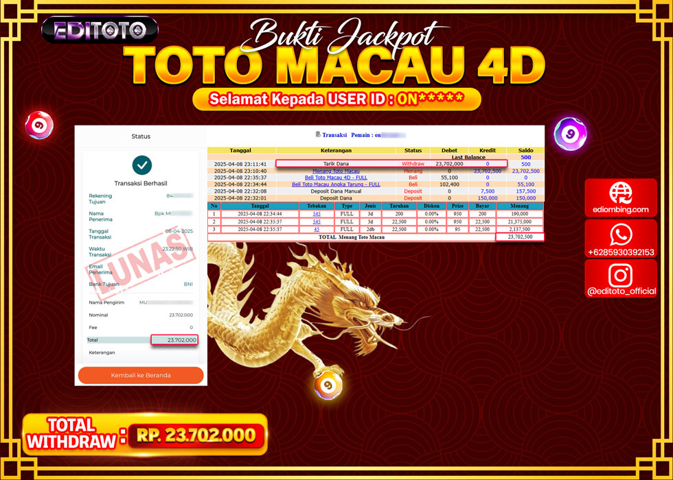 JACKPOT EDITOTO TOGEL PASARAN TOTOMACAU 4D Rp.23.702.000.,- LUNAS