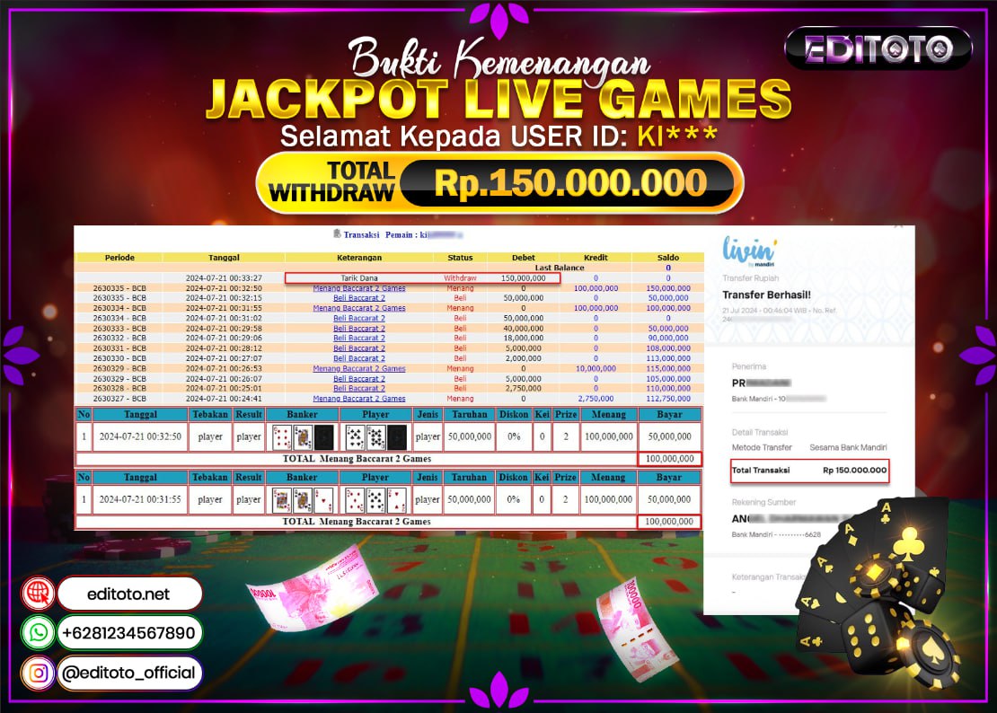 JACKPOT LIVE GAME EDITOTO BACCARAT Rp.150.000.000.,- LUNAS