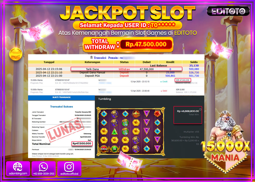 JACKPOT SLOT 15.000X MANIA Rp.47.500.000,- LUNAS