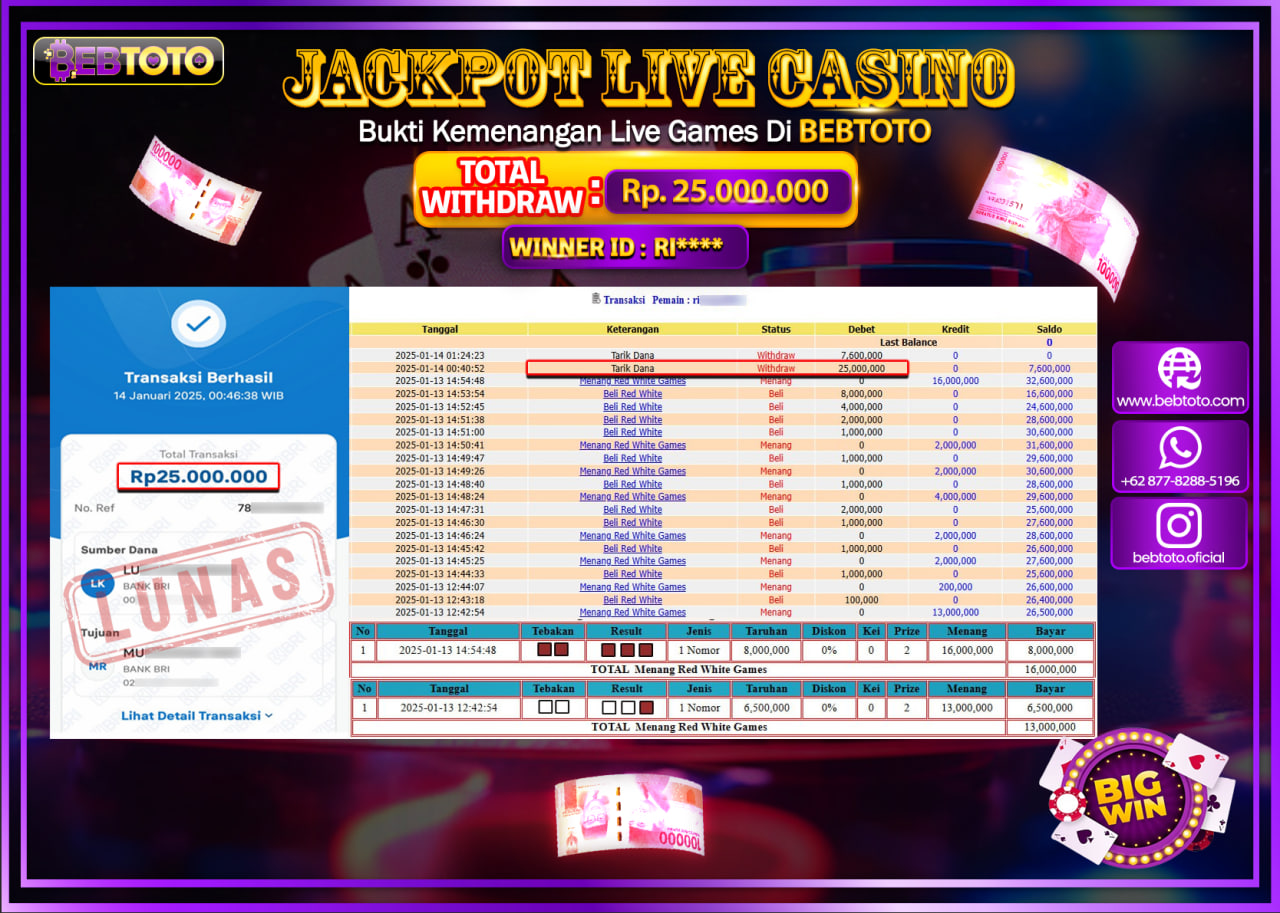 JACKPOT LIVE CASINO BEBTOTO RED WHITE GAMES Rp.25.000.000.,- LUNAS
