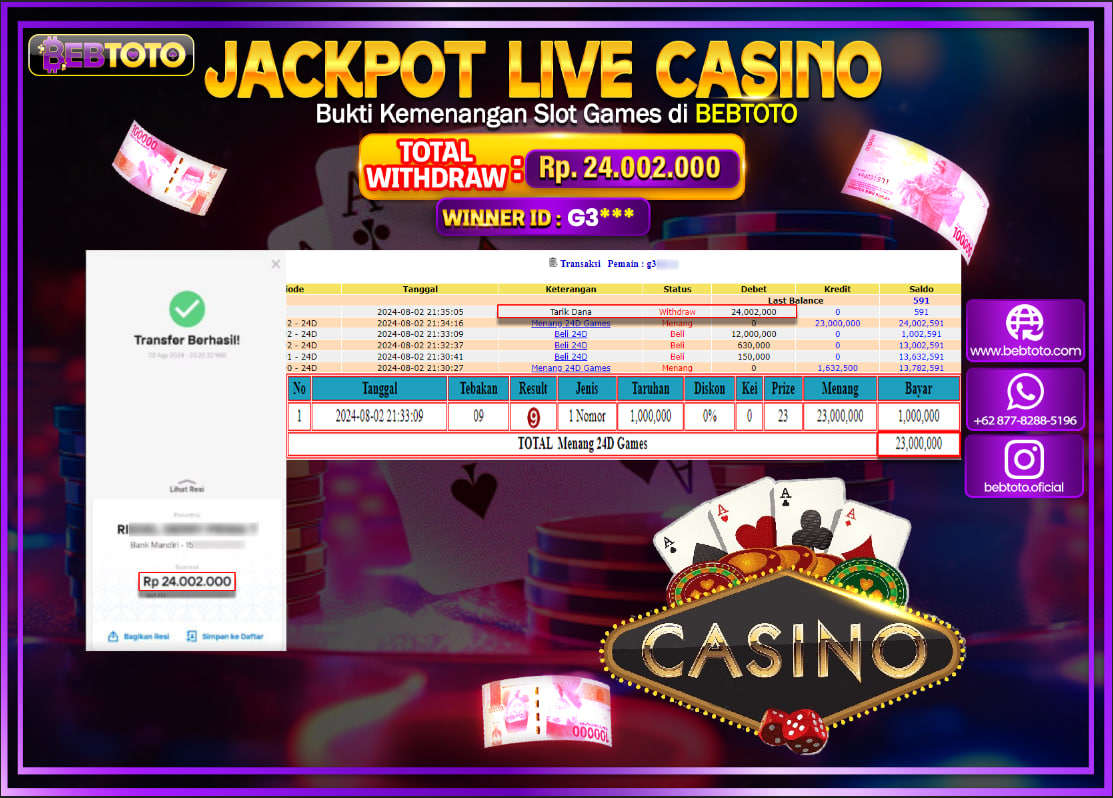 JACKPOT LIVE CASINO BEBTOTO 24D SPIN Rp.24.002.000.,- LUNAS