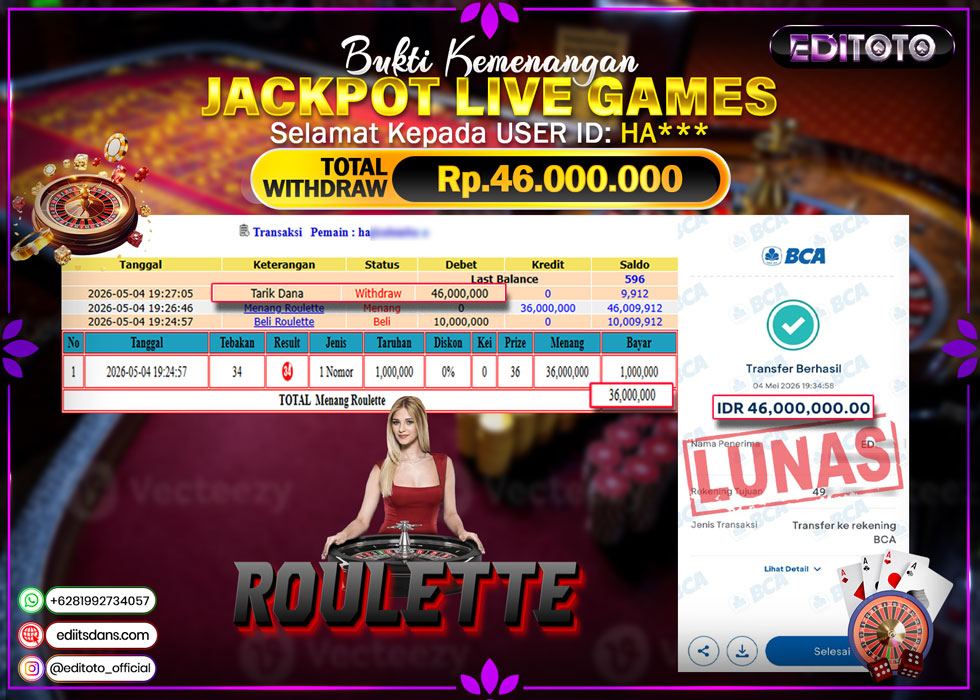 JACKPOT EDITOTO LIVE GAMES ROULETTE GAMES Rp. 46.000.000.,- LUNAS