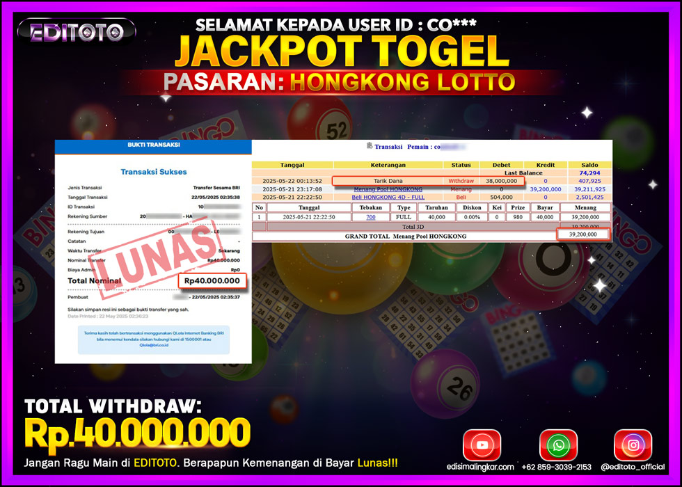 JACKPOT EDITOTO TOGEL PASARAN HONGKONG LOTTO Rp.40.000.000.,- LUNAS