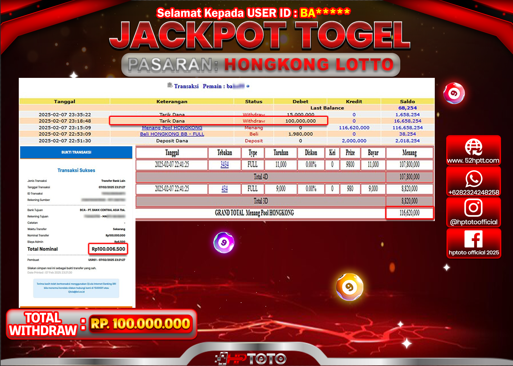 HPTOTO JACKPOT TOGEL PASARAN HONGKONG LOTTO Rp.100.000.000,- LUNAS