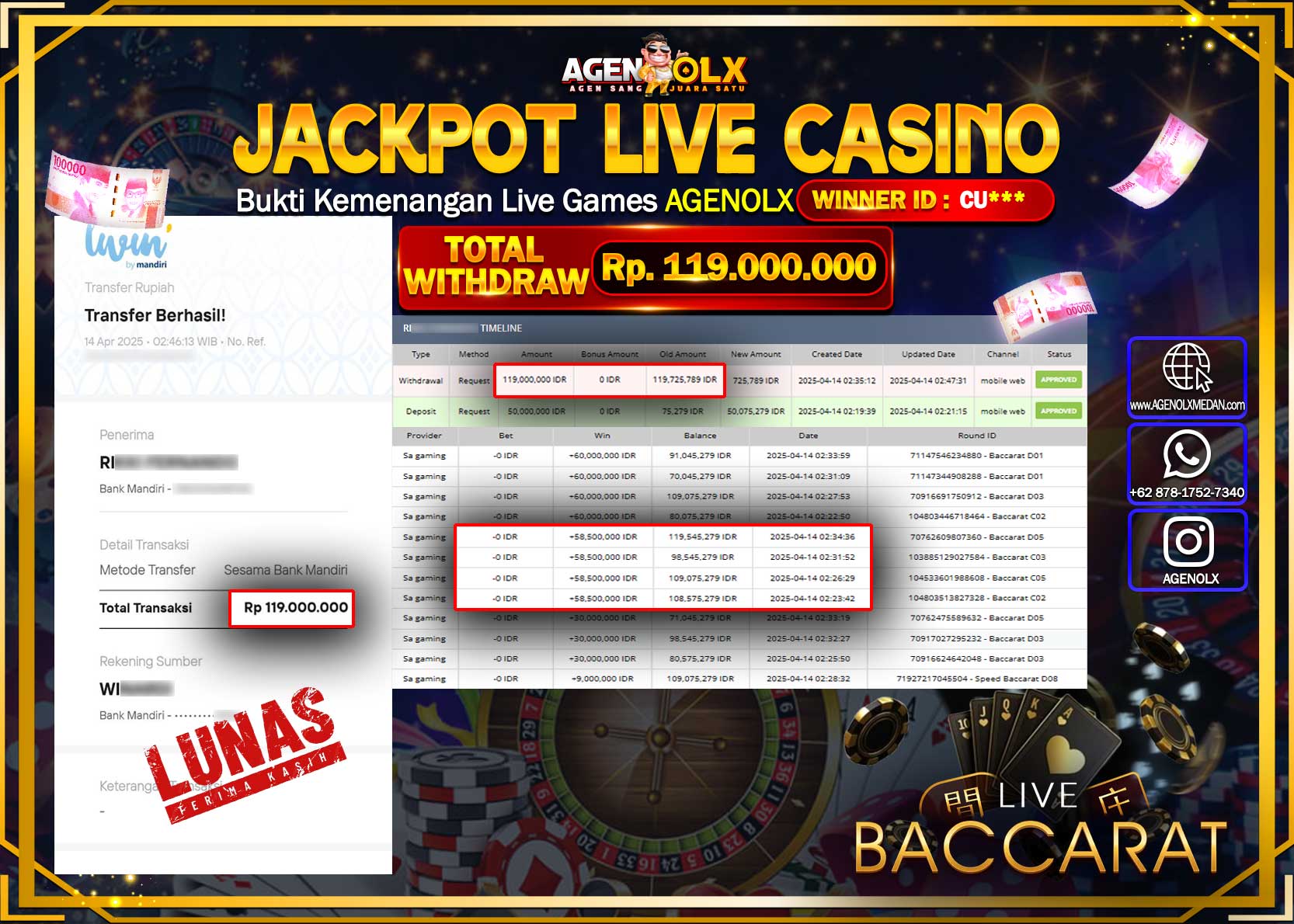 AGENOLX JACKPOT LIVE CASINO BACCARAT Rp 119.000.000,- LUNAS