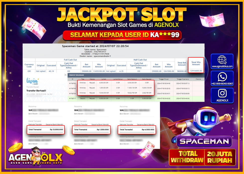 AGENOLX JACKPOT SLOT SPACEMAN  Rp.20.000.000,- LUNAS