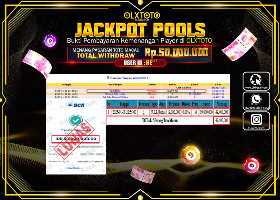 OLXTOTO JACKPOT  TOGEL POOL TOTO MACAU Rp.50.000.000.,- LUNAS