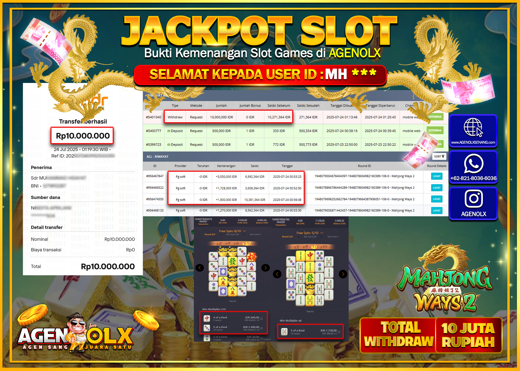 AGENOLX JACKPOT  SLOT MAHJONG WAYS 2 Rp 10.000.000,- LUNAS