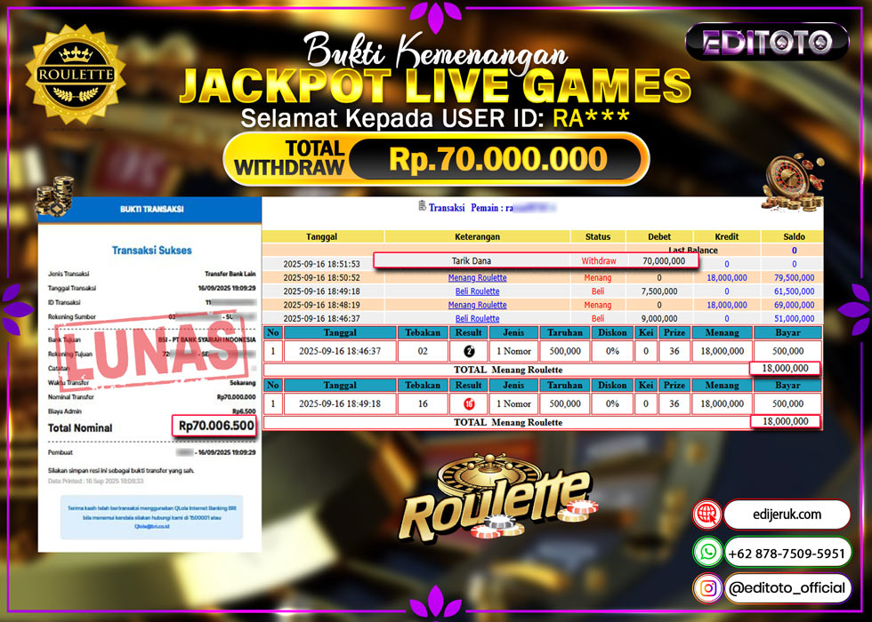 JACKPOT EDITOTO LIVE GAMES ROULETTE Rp. 70.000.000.,- LUNAS