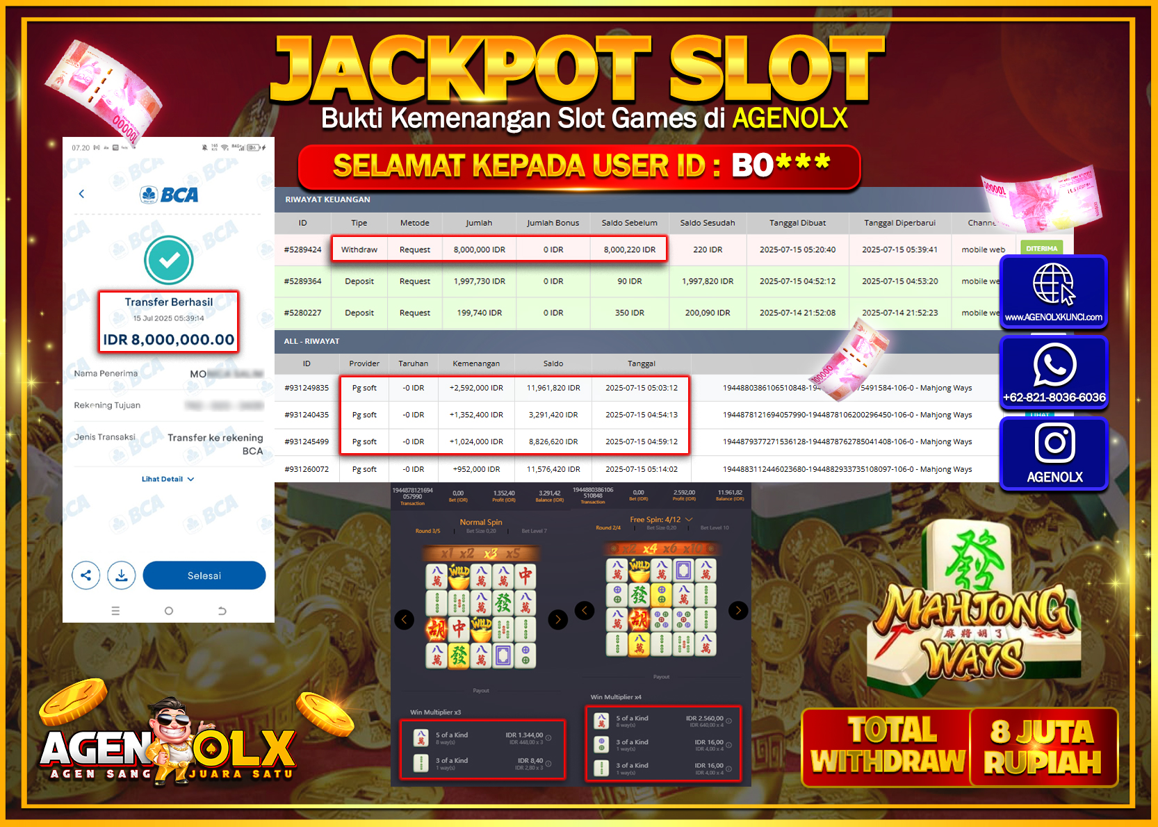 AGENOLX JACKPOT  SLOT MAHJONG WAYS  Rp 8.000.000,- LUNAS