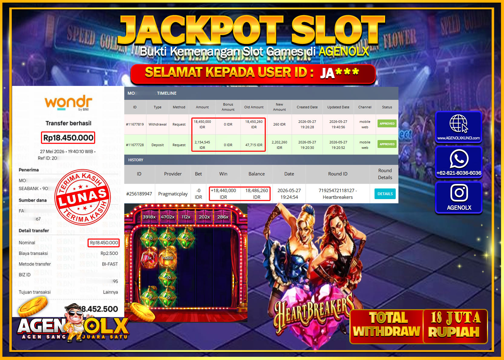 AGENOLX JACKPOT SLOT HEARTBREAKERS Rp 18.450.000 - LUNAS