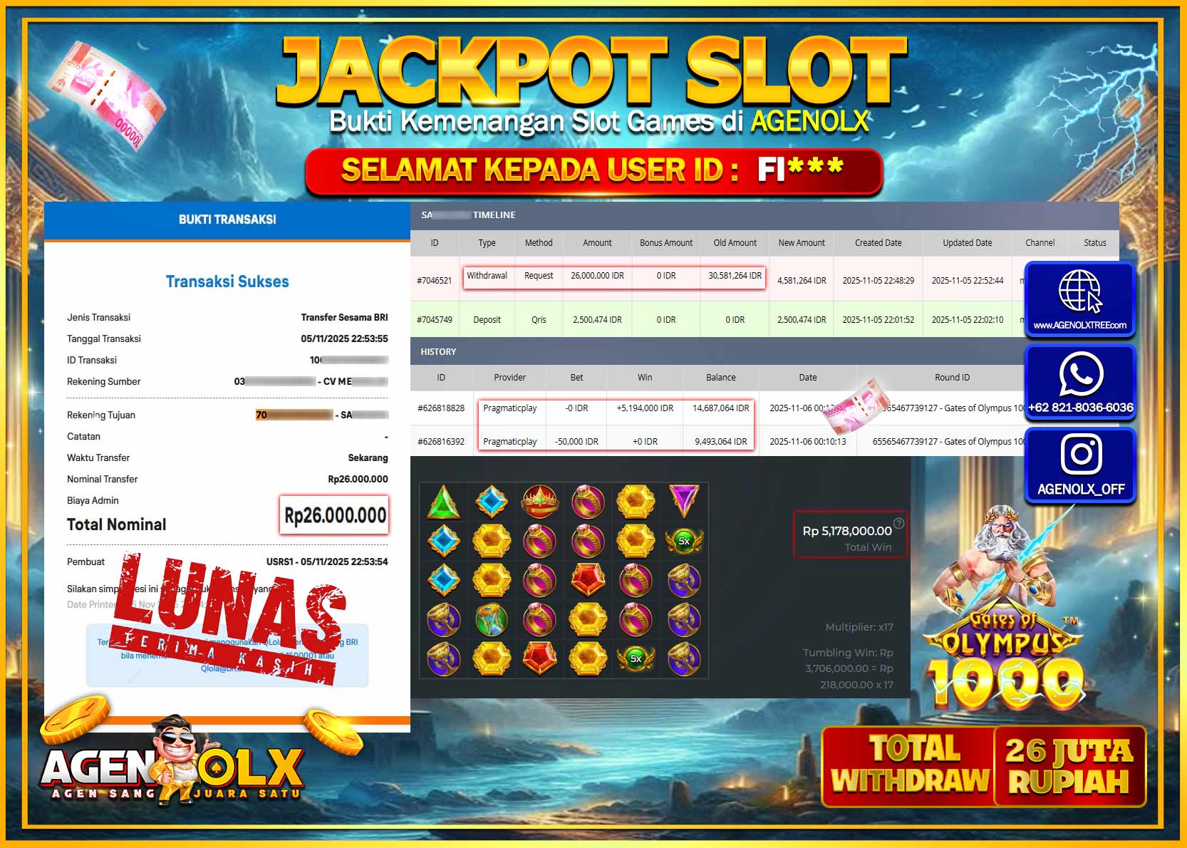 AGENOLX JACKPOT  SLOT GATES OF OLYMPUS 1000  Rp 26,000,000,- LUNAS