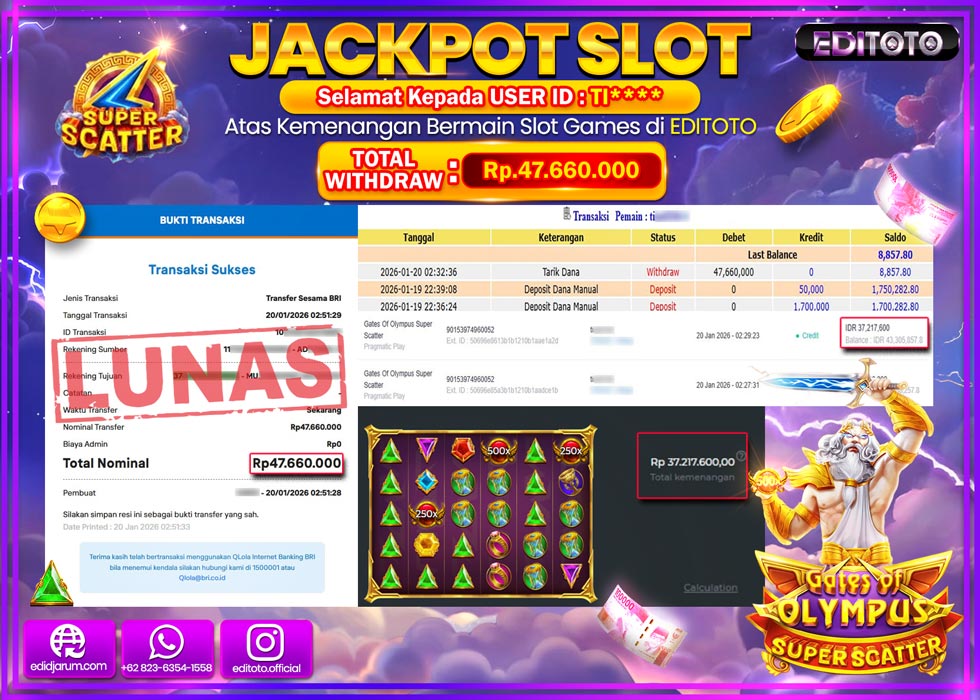 JACKPOT EDITOTO SLOT GATES OF OLYMPUS SUPER SCATTER  Rp.47.660.000,- LUNAS  