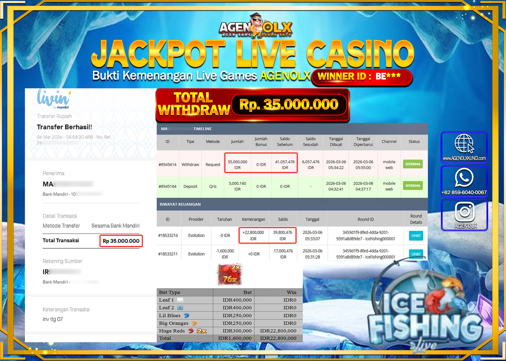 AGENOLX JACKPOT LIVE CASINO ICE FISHING Rp 35.000.000 - LUNAS