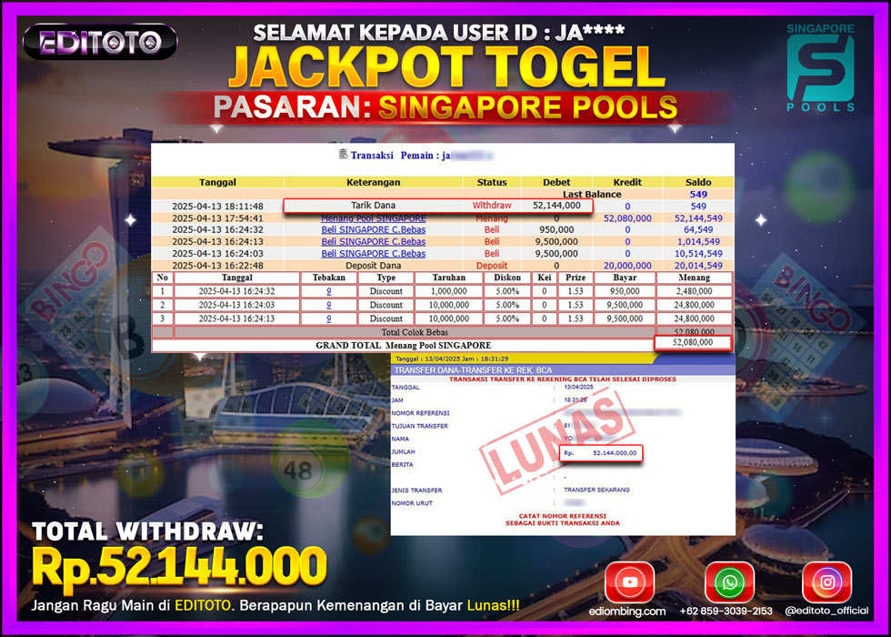 JACKPOT EDITOTO TOGEL PASARAN SINGAPORE POOLS Rp.52.144.000.,- LUNAS