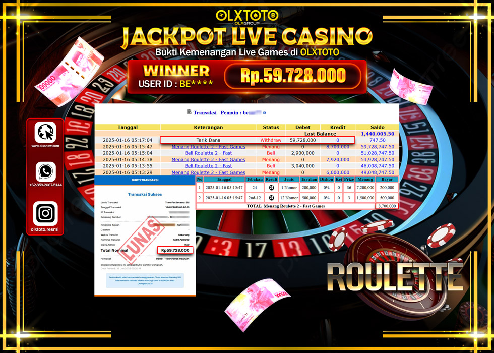 OLXTOTO JACKPOT  LIVE GAMES ROULETTE Rp.60.000.000.,- LUNAS