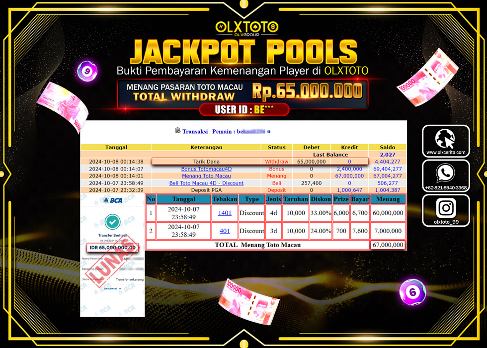 OLXTOTO JACKPOT  TOGEL POOL TOTO MACAU Rp.65.000.000.,- LUNAS