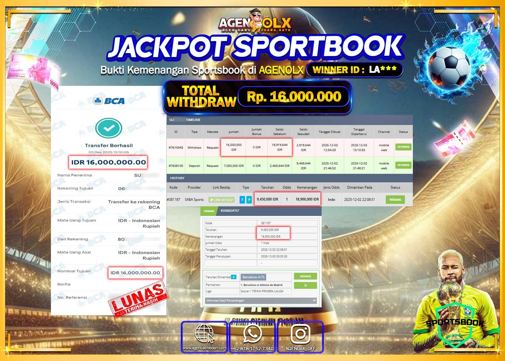 AGENOLX JACKPOT SPORTBOOK Rp 16,000,000,- LUNAS
