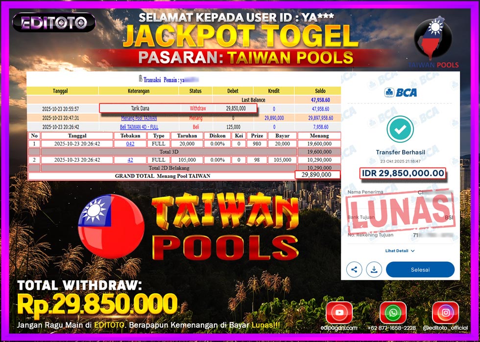 JACKPOT EDITOTO TOGEL PASARAN TAIWAN POOLS Rp.29.850.000.,- LUNAS 