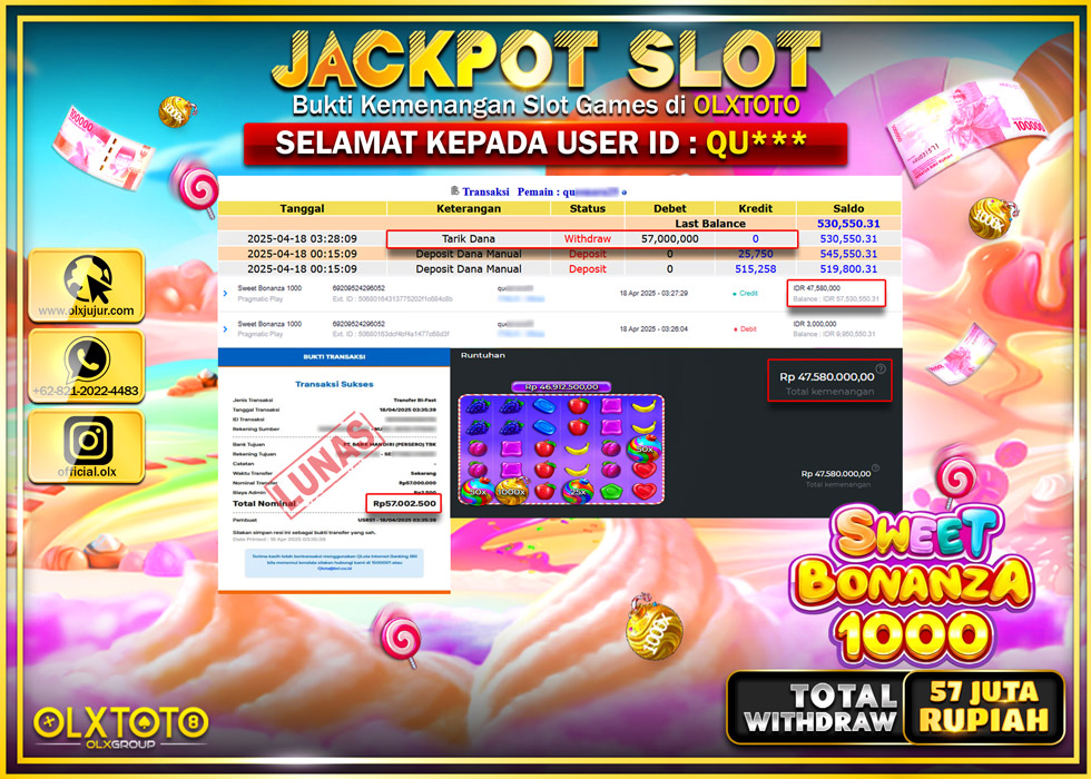 BINTANGSLOT77 JACKPOT SLOT SWEET BONANZA 1000  Rp.57.000.000.,- LUNAS