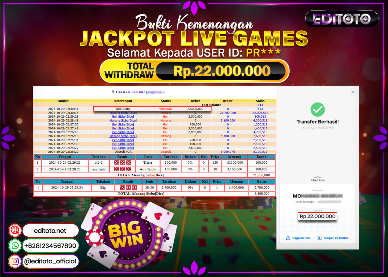 JACKPOT LIVE GAME SICBO DICE Rp.22.000.000.,- LUNAS