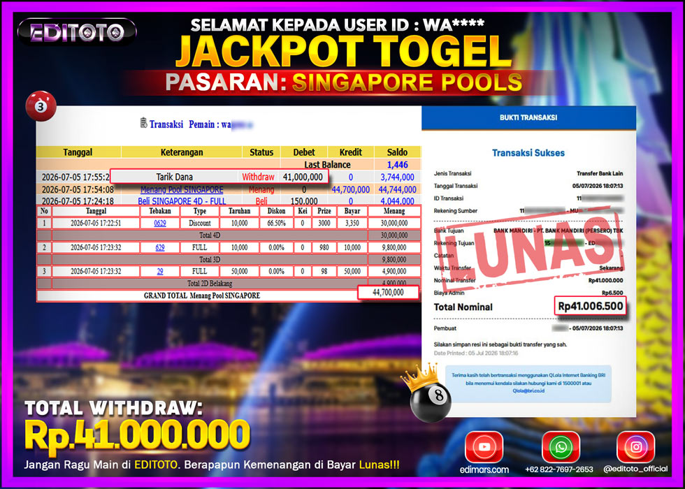 JACKPOT EDITOTO TOGEL PASARAN SINGAPORE POOLS Rp.41.000.000.,- LUNAS