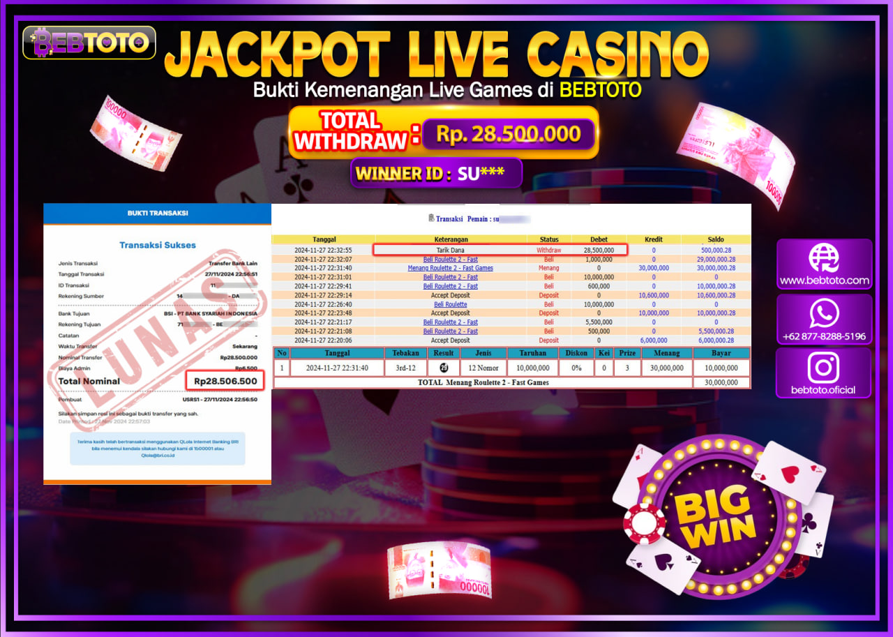 JACKPOT LIVE CASINO BEBTOTO ROULETTE 2 FAST GAMES Rp.28.500.000.,- LUNAS
