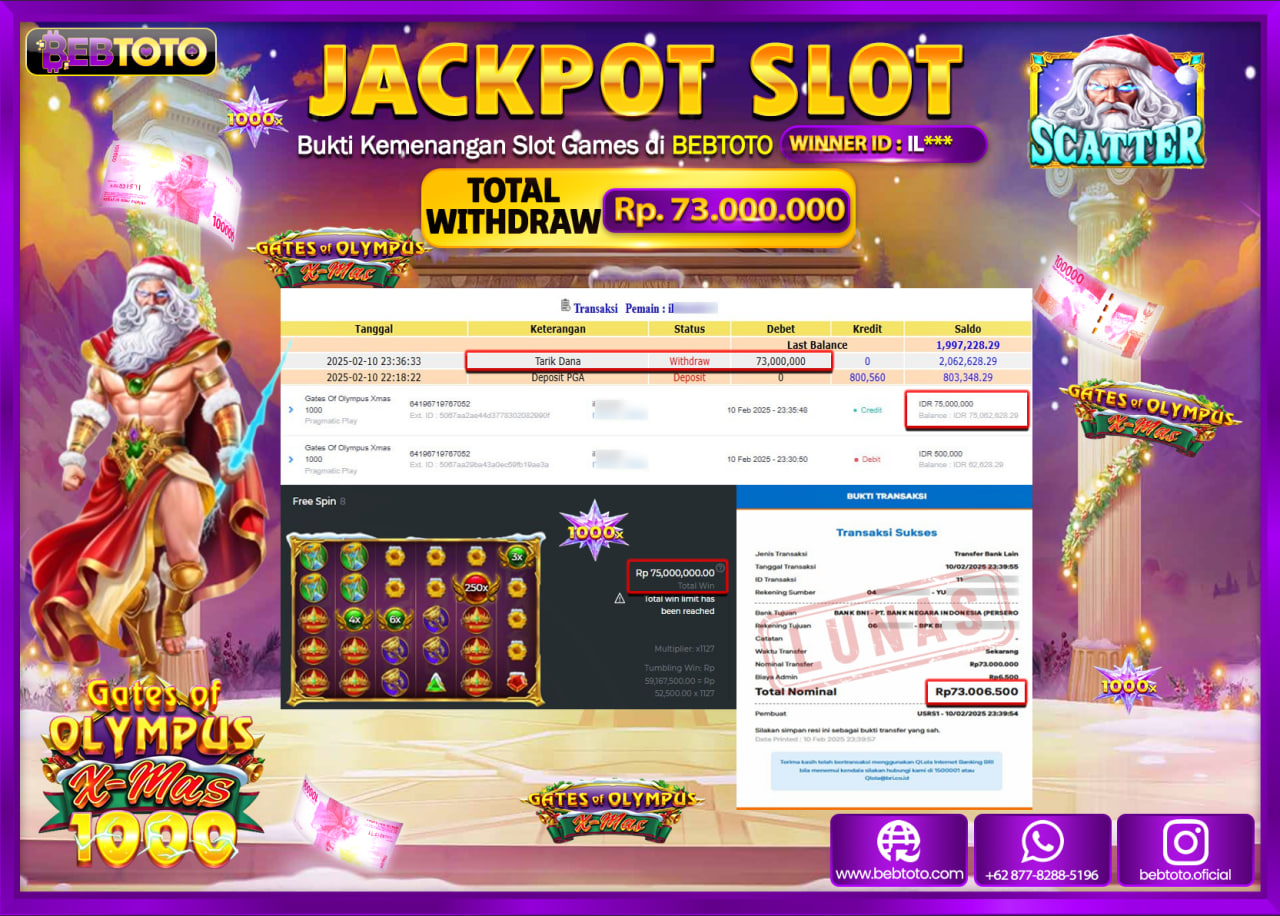 JACKPOT SLOT BEBTOTO GATES OF OLYMPUS X-MAX 1000 Rp.73.000.000.,- LUNAS