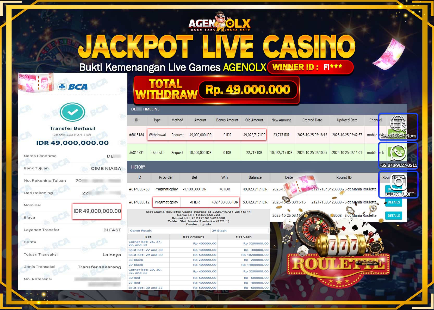AGENOLX JACKPOT LIVE CASINO SLOT MANIA ROULETTE Rp 49,000,000,- LUNAS